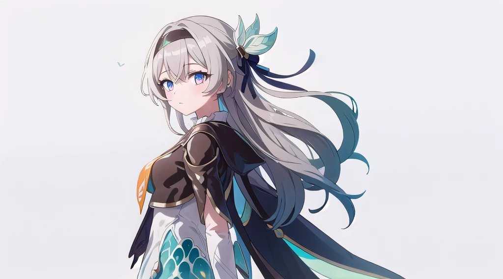 (best quality), white background, simple background, BREAK fireflydef, 1girl, jacket, dress, BREAK looking at viewer, fireflydef, blue jacket, dress, bow, headband, hair accessory