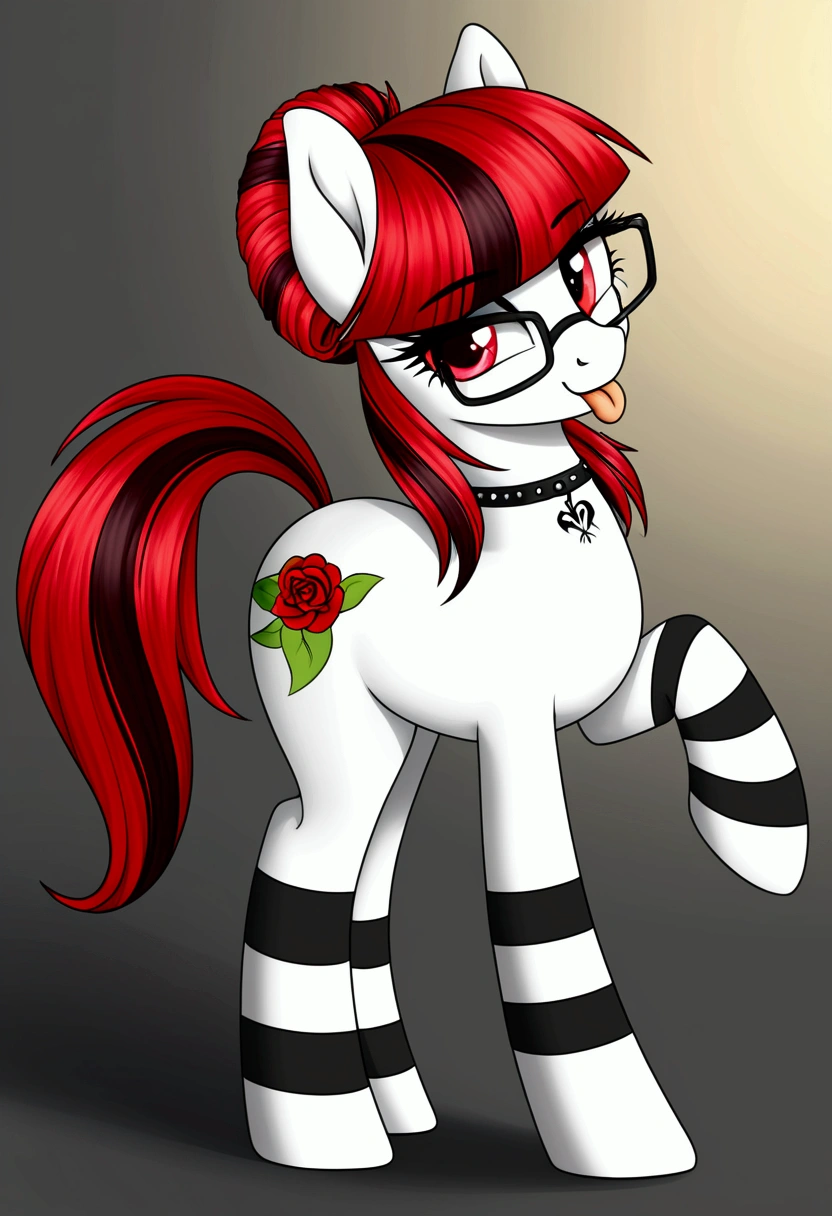 radiant lighting, vibrant colors, whimsical atmosphere, 8K, high resolution, highly detailed, masterpiece, (((my little pony))), four stockings, (red hair, white body, red eyes) cute face, tongue out, striped stockings, standing on four hooves, cool glasses, showing butt, ((a lot of tattoo on body:1.3)), goth style, ((sexy panties))