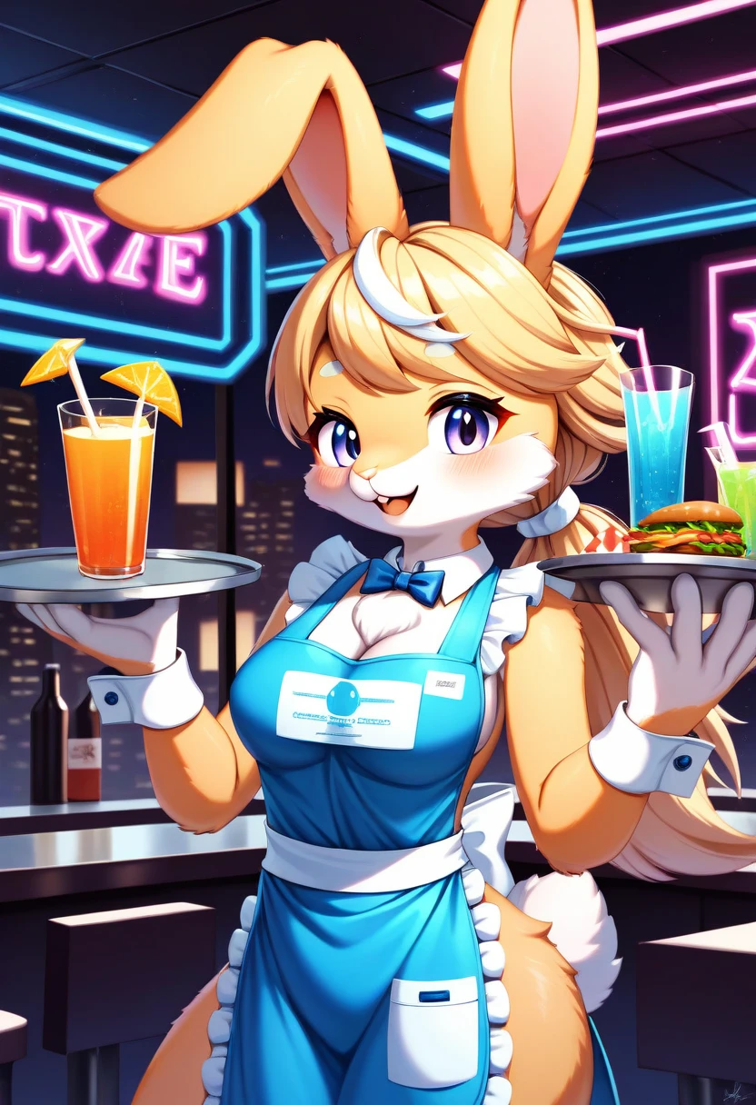 ((Masterpiece)), ((Best Quality)), (Very Detailed), ((Very Detailed)), 4K, (8K), very aesthetic, absurdres highres, 1girl, (anthropomorphic rabbit, furry, kemono:1.8), Virtual waitress, hologram waitress, cute uniform, white ribbon, apron, fast food restaurant, futuristic design, neon lights, digital menu, smile, customer greeting, holding tray, pink, blue, white, glass reflection, metal reflection, advanced technology, cheerful
