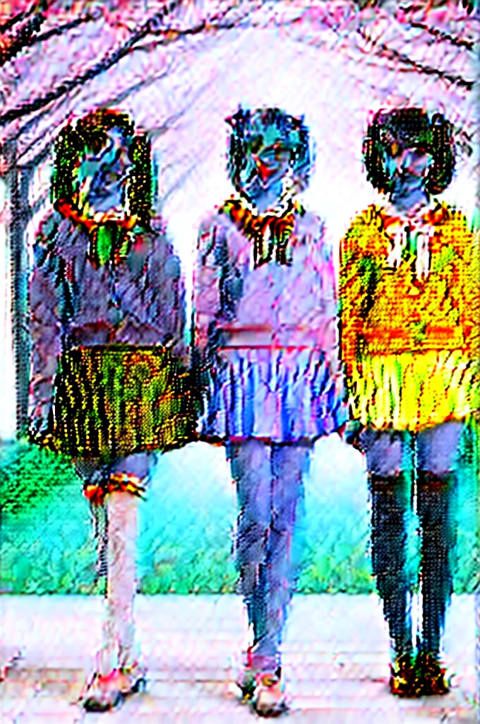 4girls, :d, black hair, black legwear, black serafuku, blazer, blonde hair, blue bow, blue eyes, bow, brown eyes, brown hair, cardigan, cherry blossoms, cover, glasses, jacket, kneehighs, loafers, long hair, looking at viewer, manga cover, multiple girls, open mouth, petals, pink bow, pink bowtie, pink neckwear, pink shirt, pink sweater, pleated skirt, sailor collar, , serafuku, shoes, short hair, skirt, smile, twintails