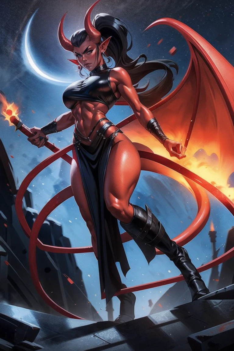 Red skin succubus tiefling, digitigrade legs, full breasts, medium breasts, black horns, wings, huge tail, black leather, crop top, long flowing pelvic curtain, tall, toned, graceful, thin, long black ponytail. Action scene, whip. Dark scene, explosions, night sky.