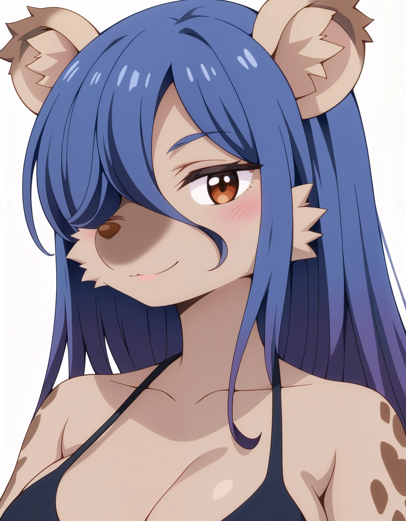 score_9, score_8_up, score_7_up, source_safe, elza, 1girl, solo, furry, furry female, looking at viewer, blush, body fur, white background, upper body, smile,