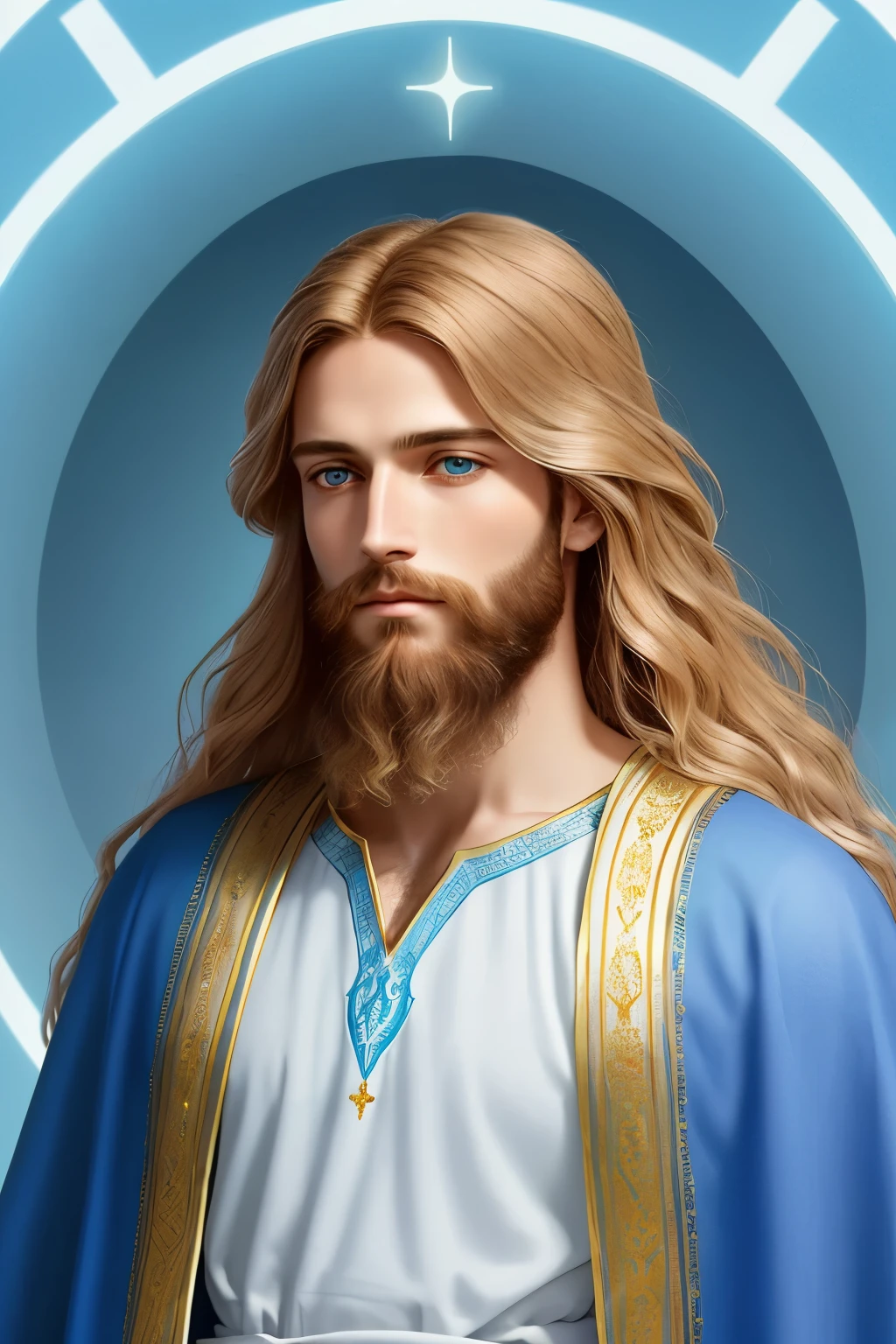In this reverent and awe-inspiring portrait, the image of Christ is depicted with a serene and radiant countenance. His long, flowing golden hair cascades down to his shoulders, framing a face of divine beauty and compassion. His piercing azure eyes gaze upon the viewer with an unwavering gaze of love and understanding. The delicate outline of his beard adds a sense of wisdom and maturity to his visage.

The image of Christ is dressed in a simple, yet elegant tunic, the color of which shifts subtly between shades of pale blue and white, symbolizing his purity and divinity. The tunic is adorned with intricate,