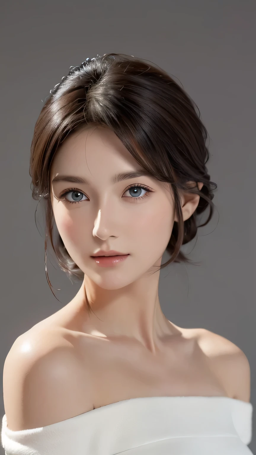 tight white top:1.2, Looking at the audience, Light, perfection, Soft Light, High Resolution Skins:1.2, Realistic skin texture, 28-year-old Japanese woman, 、Small face、Without makeup、Off the shoulder,Bust B cup, black eye, short hair, Dark brown hair、Close-up photo with focus on face、、Gray background、Detailed eyes、Symmetrical eyes、Detailed face、
