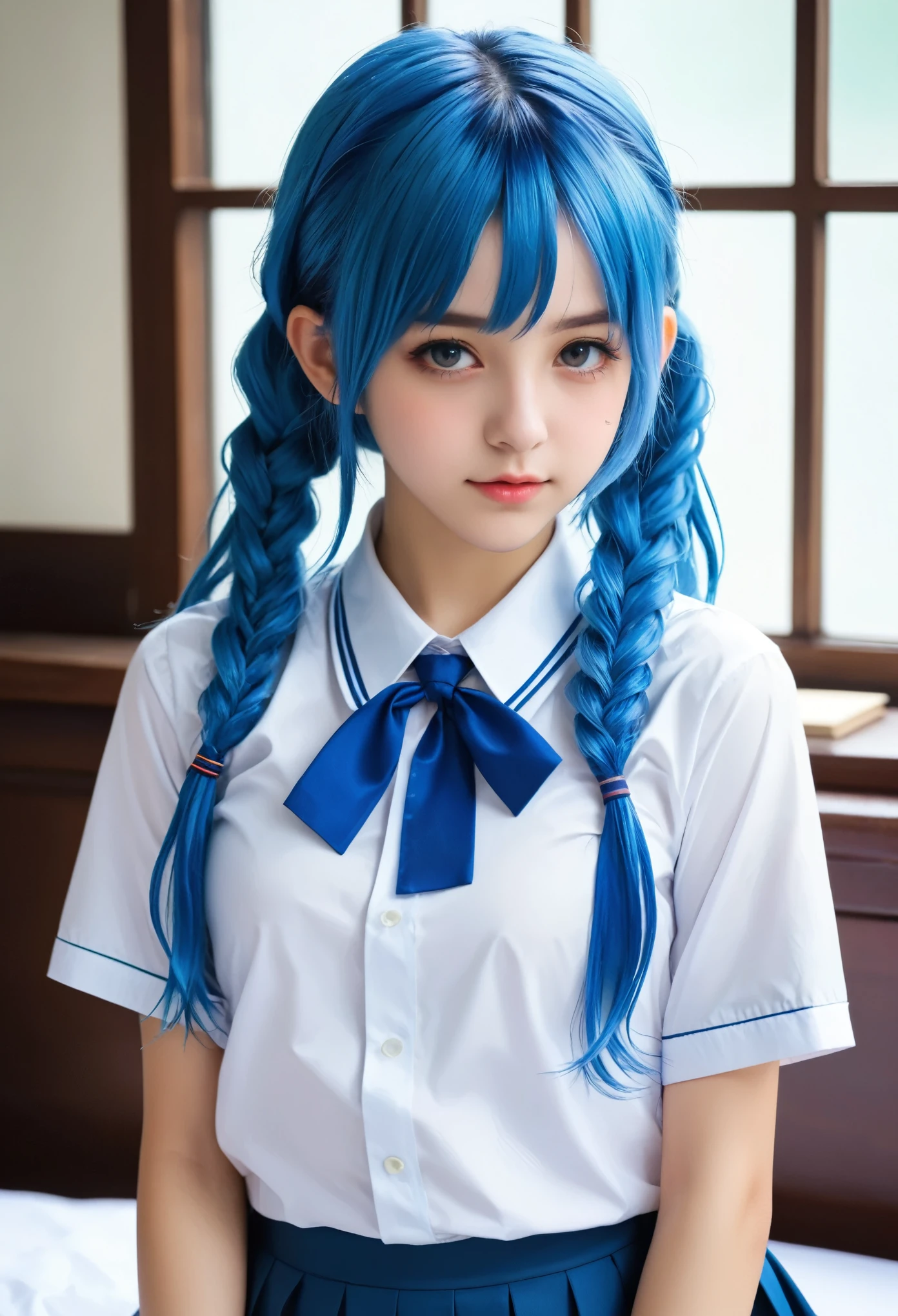 (Be clear about the content) [(masterpiece: 1.1, best quality: 1.1), Shy schoolgirl wearing show off, emphasize, , purely, Slightly 0.8.Blue Hair, wet,