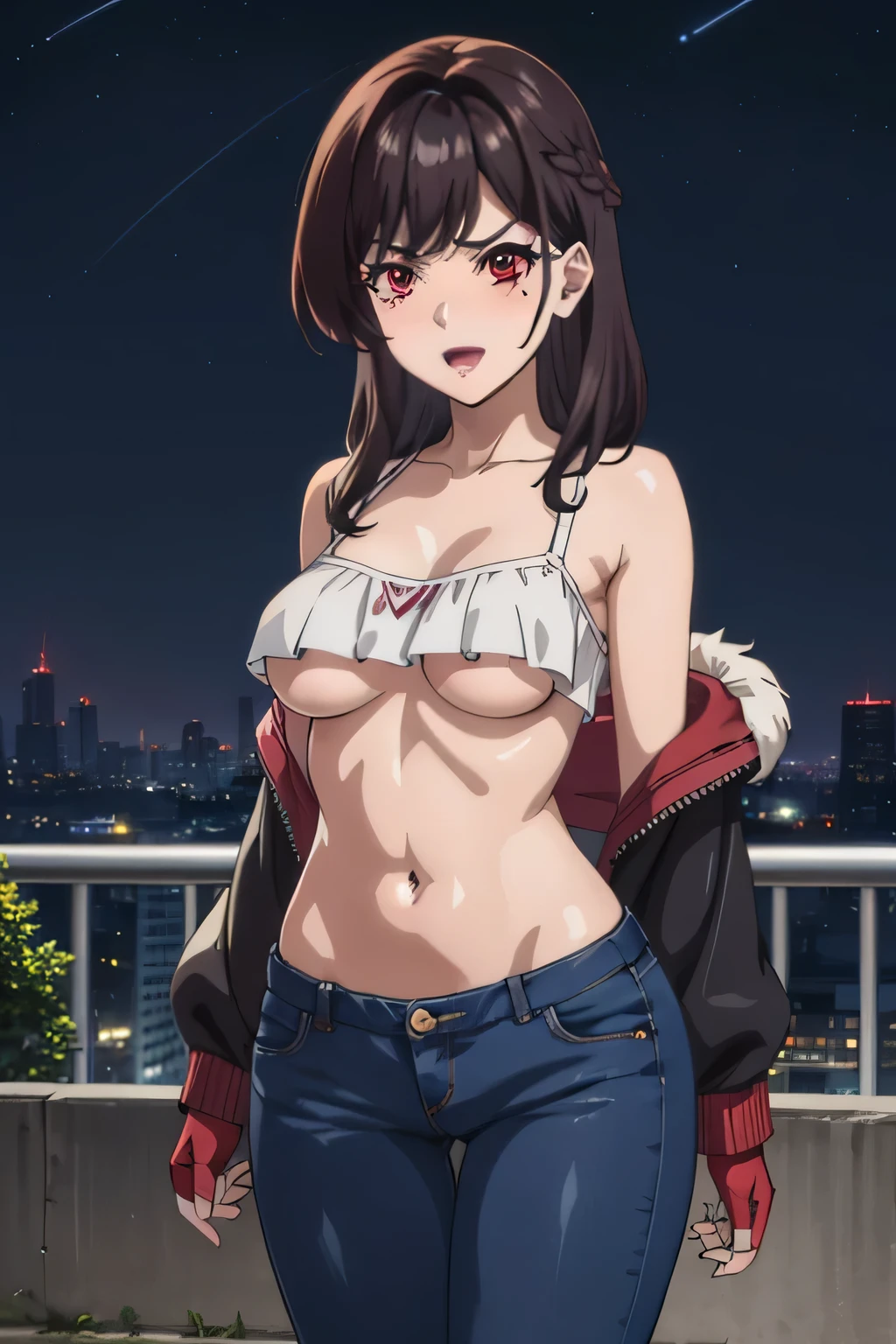 mariakurose, maria kurose, long hair, black hair, (red eyes:1.3), mole, mole under eye, large breast, Hot girl, baddie, staring, glaring, bad attitude, mean girl, dare, angry, hate, crazy, smoking, sensual, attractive,
blush, lipstick, outdoors, rooftop, cityscape, building, railing, night, night sky, scenery, moon, city lights, blush, lipstick, mouth open and tongue out, open, fur trim, mature female, gloves, fur-trimmed coat, masterpiece,high quality,4k, bare shoulder,belly,crop top,outdoor,cleavage,jeans,casual
dress,street,road,smile, open mouth, (nsfw) not safe for work, holding a gun,handgun, evil expression,
exposed belly, exposed navel, exposed midriff, exposed lower belly, crop top overhang, underboob,
unbuttoned jeans , low rise black jeans, Low rise jeans, Low rise jeans with open fly, navel piercing