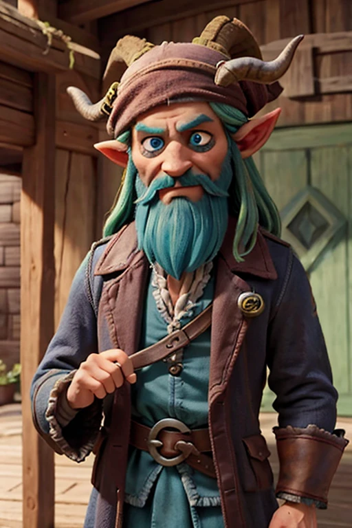 old faun, homely, evil, one blue eye and the other green, old brown corsair clothes. A pair of goat horns on the head. pirate. Black Beard.