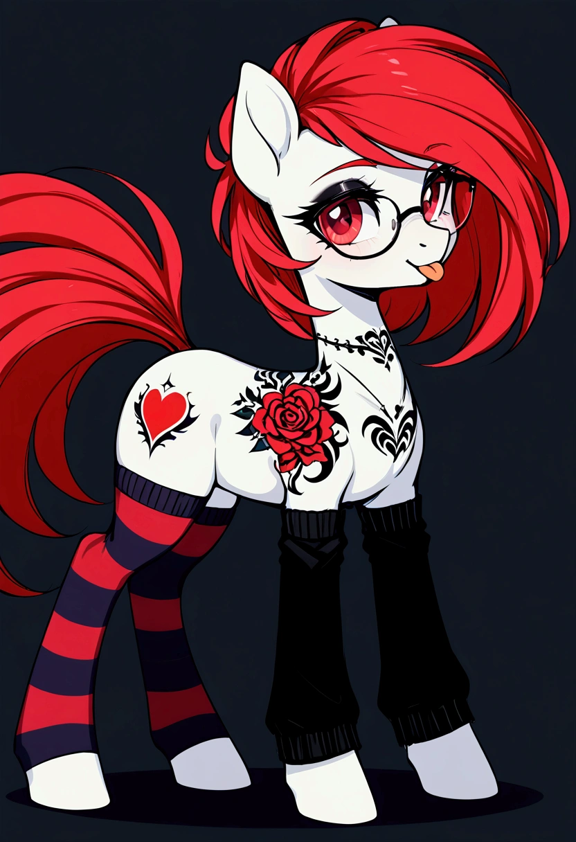 radiant lighting, vibrant colors, whimsical atmosphere, 8K, high resolution, highly detailed, masterpiece, (((my little pony))), four stockings, (red hair, white body, red eyes) cute face, tongue out, striped stockings, standing on four hooves, cool glasses, showing butt, ((a lot of tattoo on body:1.3)), goth style