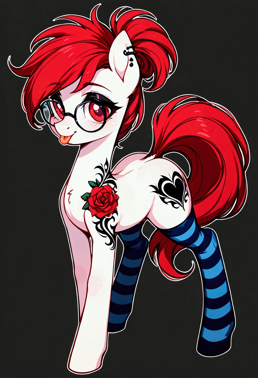 radiant lighting, vibrant colors, whimsical atmosphere, 8K, high resolution, highly detailed, masterpiece, (((my little pony))), four stockings, (red hair, white body, red eyes) cute face, tongue out, striped stockings, standing on four hooves, cool glasses, showing butt, ((a lot of tattoo on body:1.3)), goth style