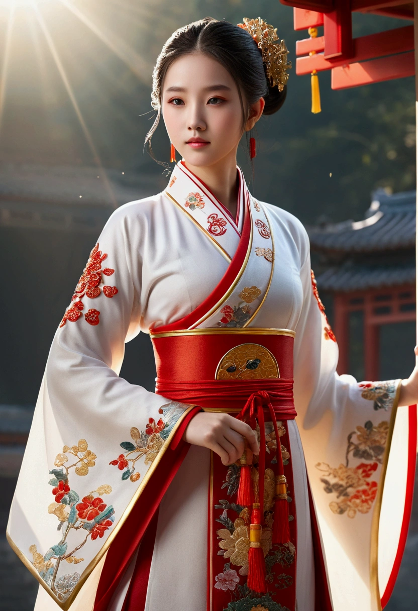 A girl, ancient Chinese costume, whole body, sunshine, clear face, clean white background, masterpiece, super detail, epic composition, ultra HD, high quality, extremely detailed, official art, uniform 8k wallpaper, super detail, 32k