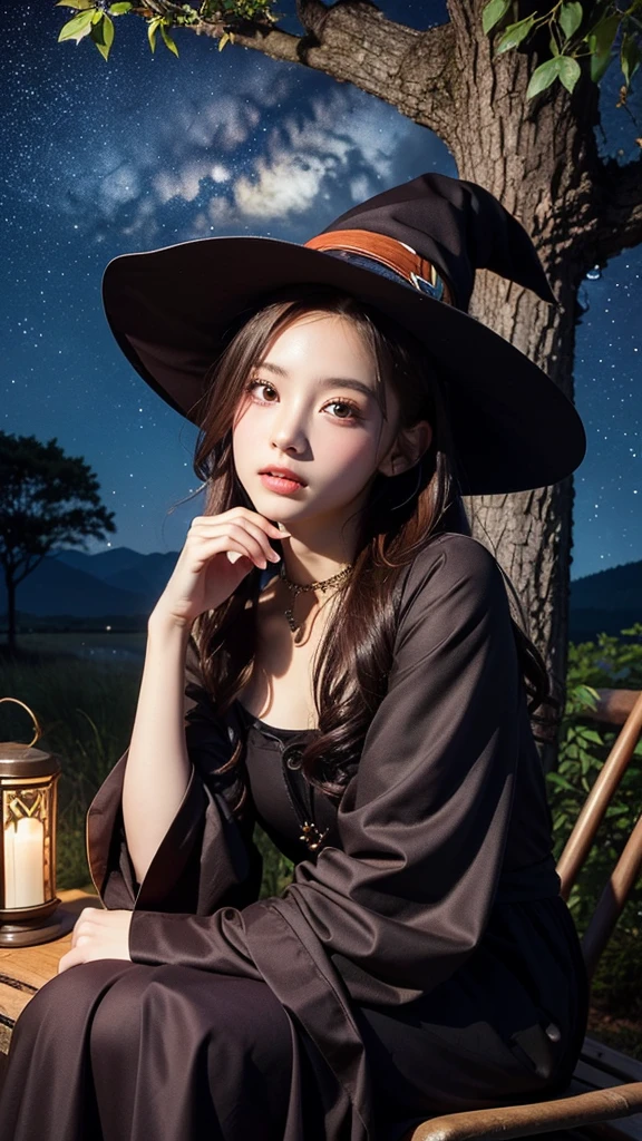 (masterpiece, Highest quality, Highest quality, Official Art, beautifully、beautiful:1.2), (1 Beautiful Girl), A girl dressed as a witch、Big Eyes、(Very cute witch:1.3)、light brown hair with bangost detailed, Late night with starry skies、In the open forest、Perched on the branch of a big tree、Background with spatial details、Psychedelic Concept、Photorealistic