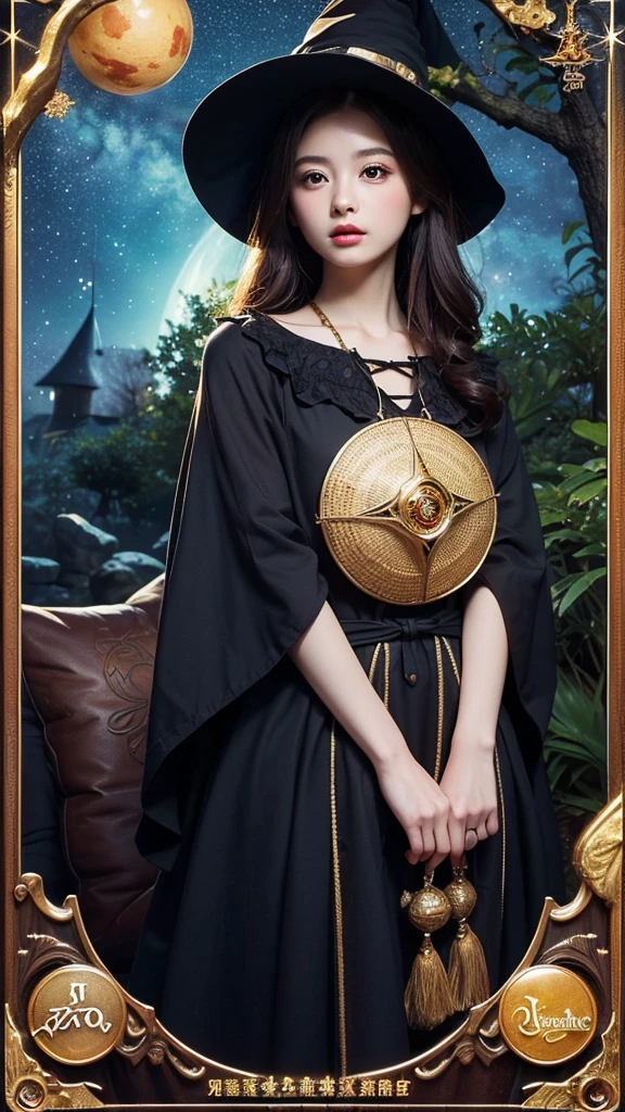 (masterpiece, Highest quality, Highest quality, Official Art, beautifully、beautiful:1.2), (1 Beautiful Girl), A girl dressed as a witch、Big Eyes、(Very cute witch:1.3)、light brown hair with bangost detailed, Late night with starry skies、In the open forest、Perched on the branch of a big tree、Background with spatial details、Psychedelic Concept、Photorealistic