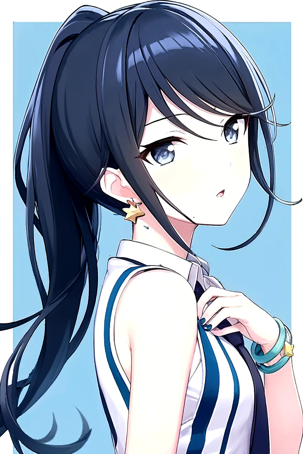 Anime girl with long black hair and blue eyes wearing a white shirt ...