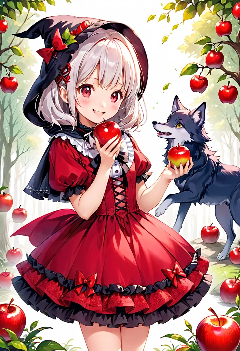 fairy tale　Little Red Riding Hood　A cute girl wearing a cute red Lolita-style dress　Adorable smile　The witch hands the apple to the girl　Wolf　