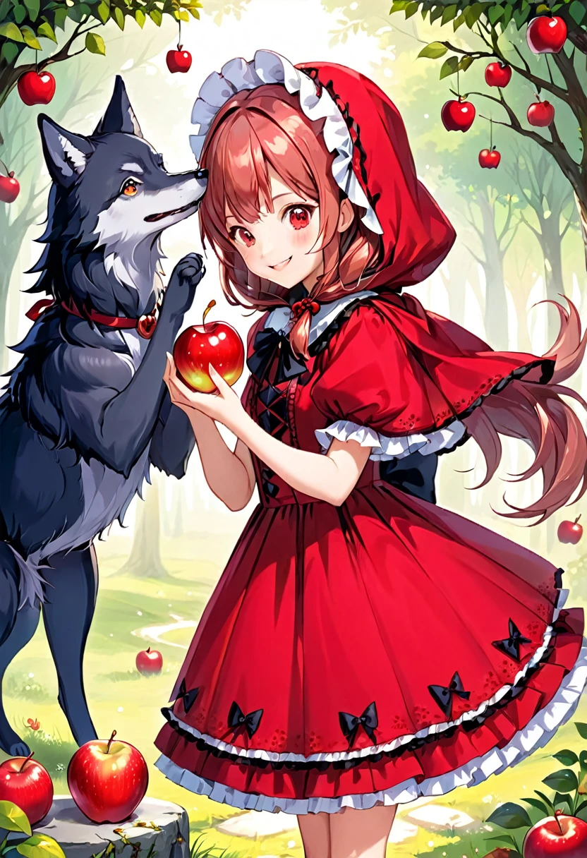 fairy tale　Little Red Riding Hood　A cute girl wearing a cute red Lolita-style dress　Adorable smile　The witch hands the apple to the girl　Wolf　