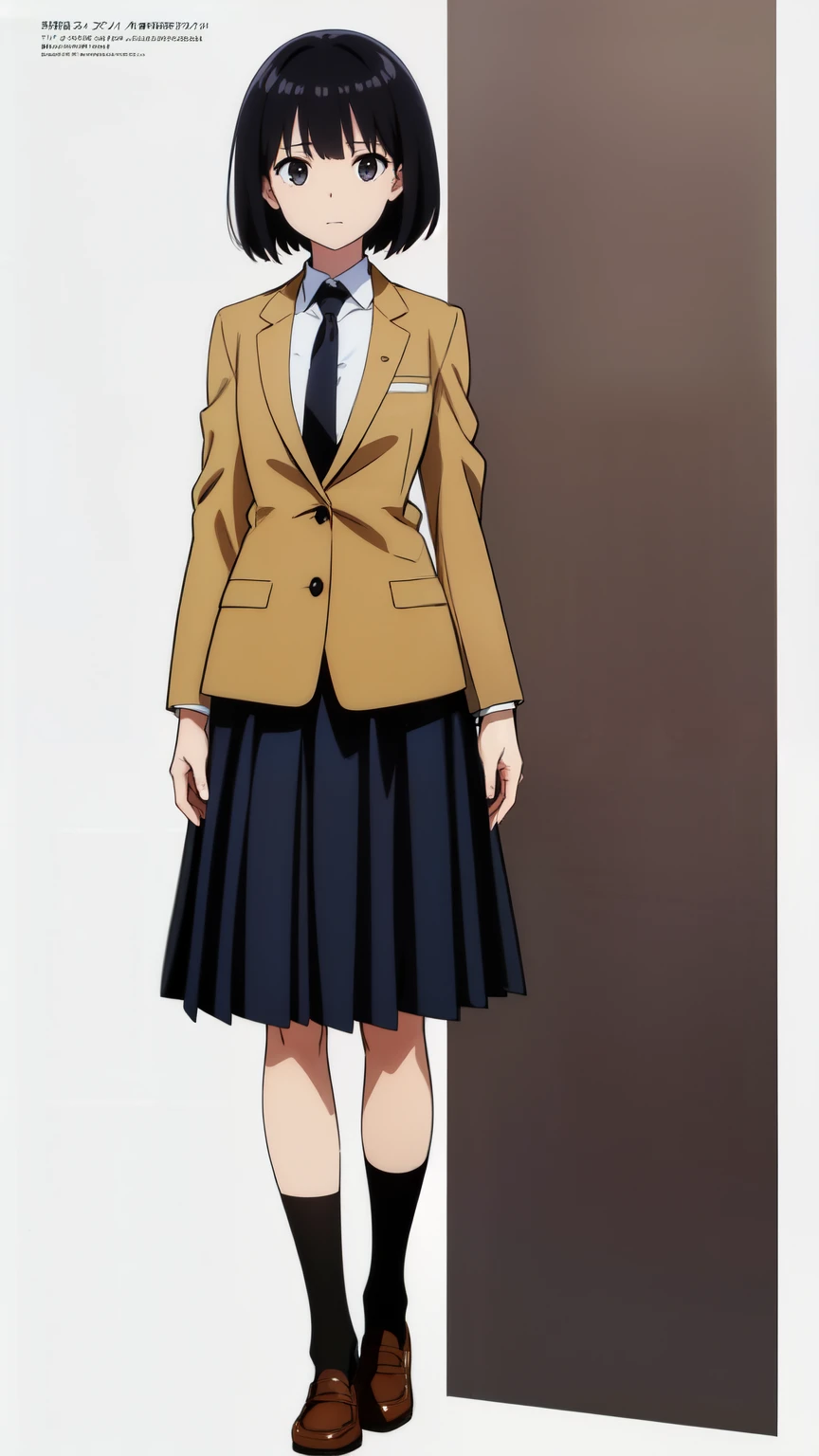 (white background:1.0), (best quality:1.0), (masterpiece:1.0), (super fine illustration:1.0), (beautiful artwork:1.0), (anime screencap:1.0), (official art:1.0), (full body:1.0), (solo:1.0), (HSGA:1.0), (a 18yo cute girl:1.0), (long skirt:1.25), (dark blue skirt:1.0), (pleated skirt:1.0), (school uniform beige blazer:1.0), (dark blue necktie:1.0), (loafers:1.0), (black socks:1.0), (ideal ratio body proportions:1.25), (lanky:1.25), (tall:1.25), (slender:1.25), (small breasts:1.25), (smaller face:1.25), (tareme:1.0), (detailed beautiful eyes:1.0), (detailed beautiful face:1.25), (glowing black eyes:1.0), (bob cut hair:1.0), (black hair:1.0), (standing:1.0), (looking at viewer:1.0)