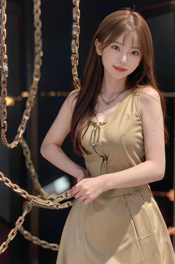(masutepiece), (Best Quality), Makima with Taylor Swift's face (chain saw man), Best Quality, ultra-detailliert, 1girl in, Solo, Standing, Red hair, Long braided hair, Golden Eyes, Bangs, medium breasts, tie, Look, Smile, (in bad: 1.2), Looking at the viewer, (interview: 1.3), (Dark background, chains: 1.3) Breasts out,