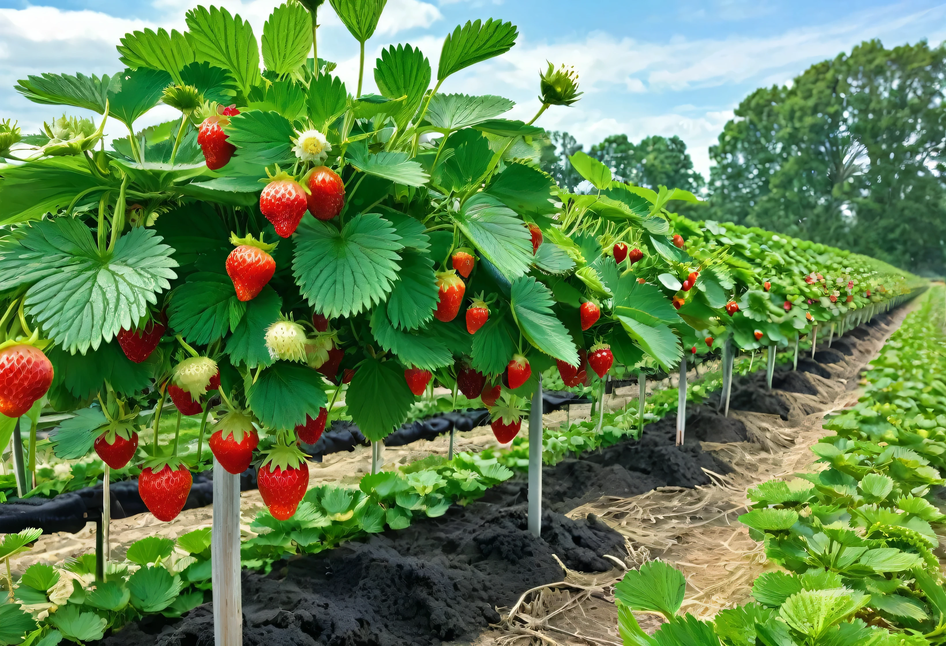 the strawberry plants in the polyback bear heavy fruit, some are red and some are still green, the trees are lush and some are green