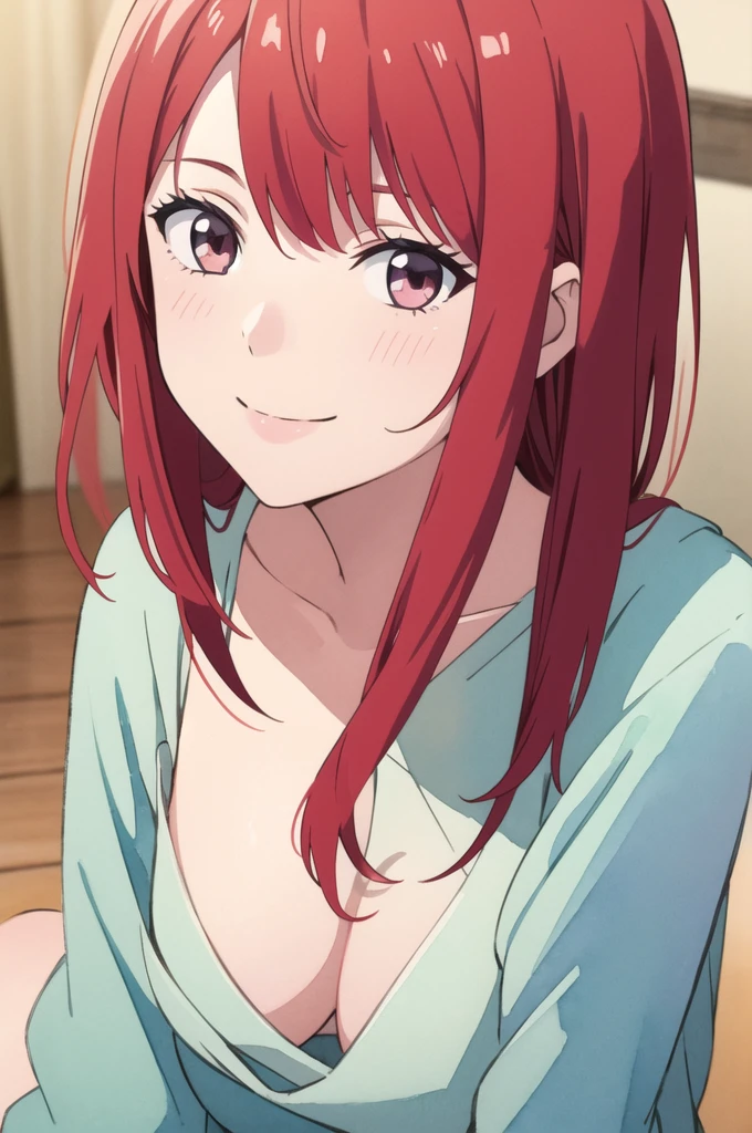 masterpiece, best quality, movie still, 1girl solo, female focus, looking at viewer, smiling, upper body, depth of field, (watercolor illustration, soft pastel colors:1.1), realistic, red hair, white eyes, naked, perky breasts