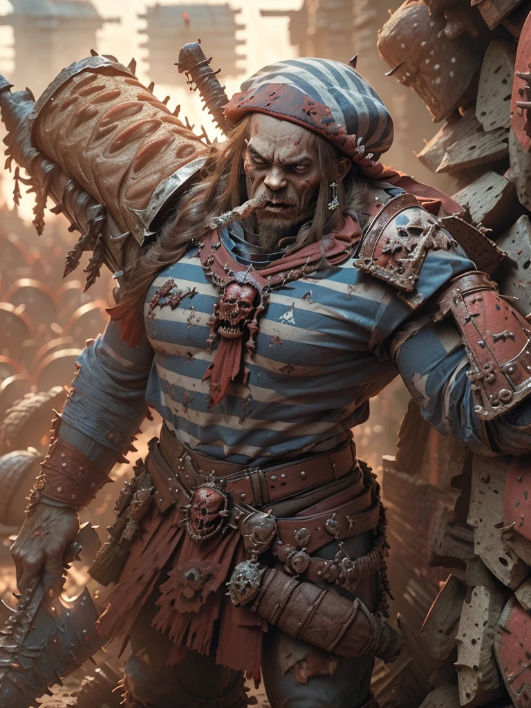 (warhammer fantasy style), gigantic (Khorne:1.5) the Blood God, looking like a (giant blood Demon:1.4), (but he's dressed as a French citizen, wearing a blue and white striped sailor shirt and handling a baguette with a beret:1.4), warhammer_chaos_spawn, armor, skulls ,skulls background