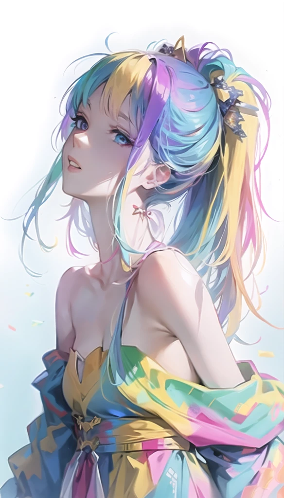 Anime girl with colorful hair and colorful clothes, rossdraws pastel vivid, rossdraws cartoon vibrant, Anime Style 4k, Beautiful anime portraits, art germ colorful!!!, ! Dream Art Germ, Beautiful Anime Girls, Anime style digital art, anime art wallpaper 4k, anime art wallpaper 4k, Digital anime art, Highly detailed art gems,Braiding, One girl,  Blonde,  White Hair Ribbon,Green Eyes,Red bow tie, Braiding, One girl,  Blonde,  White Hair Ribbon, masterpiece, Highest quality, Blue jacket,  White shirt,  , Checked skirt,   Brown Skirt, Black Pantyhose, Pleated skirt,