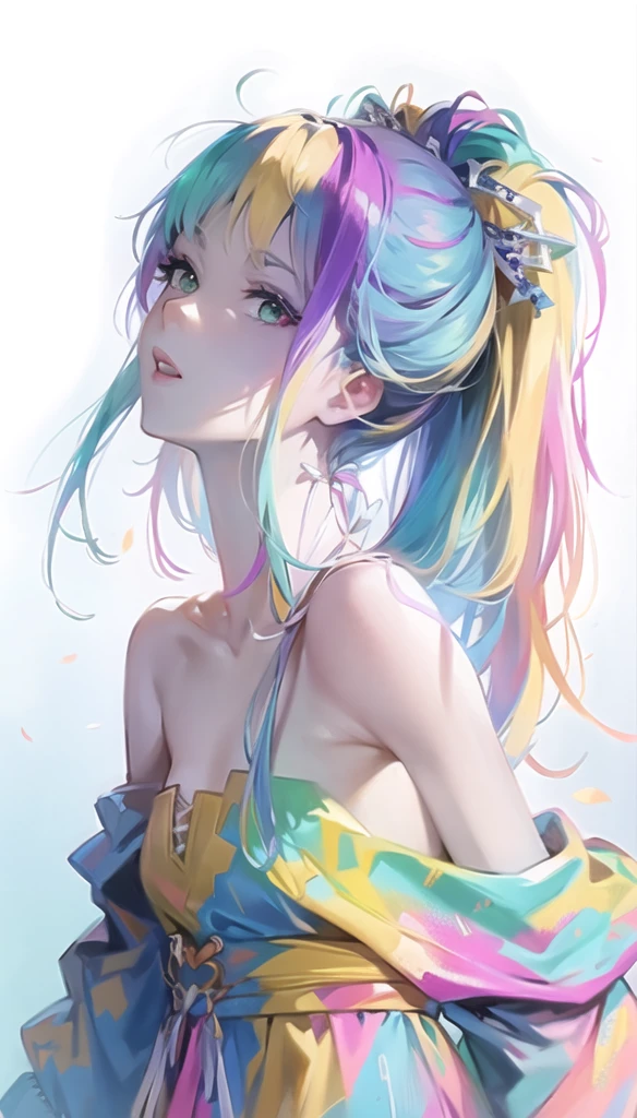 Anime girl with colorful hair and colorful clothes, rossdraws pastel vivid, rossdraws cartoon vibrant, Anime Style 4k, Beautiful anime portraits, art germ colorful!!!, ! Dream Art Germ, Beautiful Anime Girls, Anime style digital art, anime art wallpaper 4k, anime art wallpaper 4k, Digital anime art, Highly detailed art gems,Braiding, One girl,  Blonde,  White Hair Ribbon,Green Eyes,Red bow tie, Braiding, One girl,  Blonde,  White Hair Ribbon, masterpiece, Highest quality, Blue jacket,  White shirt,  , Checked skirt,   Brown Skirt, Black Pantyhose, Pleated skirt,