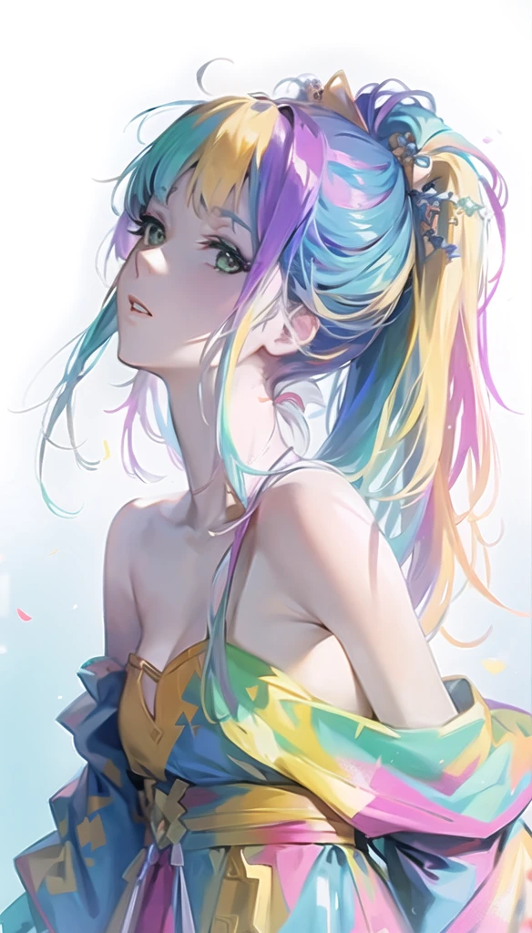 Anime girl with colorful hair and colorful clothes, rossdraws pastel vivid, rossdraws cartoon vibrant, Anime Style 4k, Beautiful anime portraits, art germ colorful!!!, ! Dream Art Germ, Beautiful Anime Girls, Anime style digital art, anime art wallpaper 4k, anime art wallpaper 4k, Digital anime art, Highly detailed art gems,Braiding, One girl,  Blonde,  White Hair Ribbon,Green Eyes,Red bow tie, Braiding, One girl,  Blonde,  White Hair Ribbon, masterpiece, Highest quality, Blue jacket,  White shirt,  , Checked skirt,   Brown Skirt, Black Pantyhose, Pleated skirt,