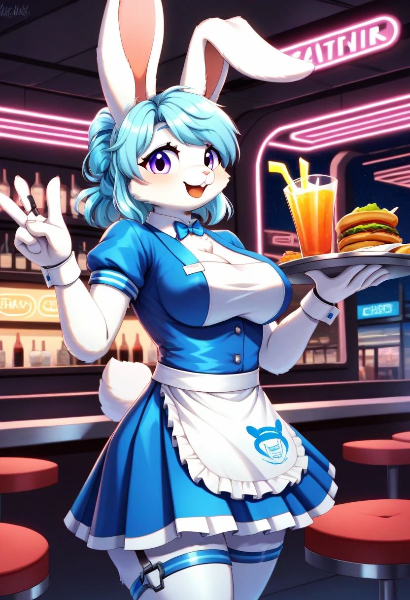 ((Masterpiece)), ((Best Quality)), (Very Detailed), ((Very Detailed)), 4K, (8K), very aesthetic, absurdres highres, 1girl, (anthropomorphic rabbit, furry, kemono:1.8), Virtual waitress, hologram waitress, cute uniform, white ribbon, apron, fast food restaurant, futuristic design, neon lights, digital menu, smile, customer greeting, holding tray, pink, blue, white, glass reflection, metal reflection, advanced technology, cheerful, cyborg style, cyborg, android,
