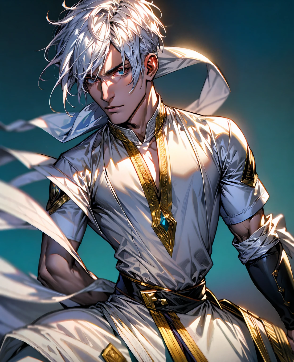 1male , Pale Powder Blue Eyes , Luminescent White Hair , Wavy Hair , Medium Length Hair , White Compression Shirt , Muscular , Black Poncho , Wrist Wraps , Muscular , Adult Male , Standing in Grassy Planes , Facing Camera