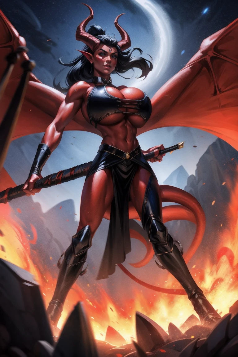 Red skin succubus tiefling, digitigrade legs, full breasts, huge breasts, black horns, wings, huge tail, black leather, crop top, long flowing pelvic curtain, tall, athletic, graceful, thin, long black ponytail. Action scene, whip. Dark scene, explosions, night sky.