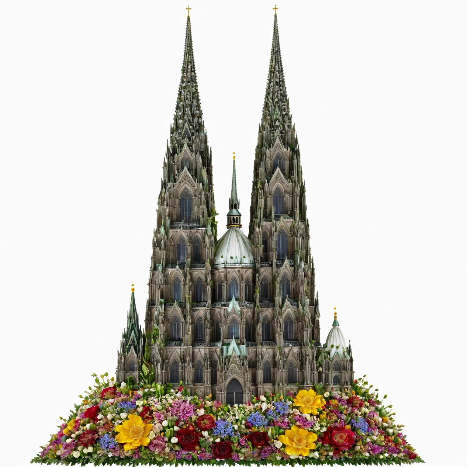Masterpiece, best quality, very detailed, Fall Leaf Crafts, Cologne Dome made out of flowers, Cologne Cathedral, White background
