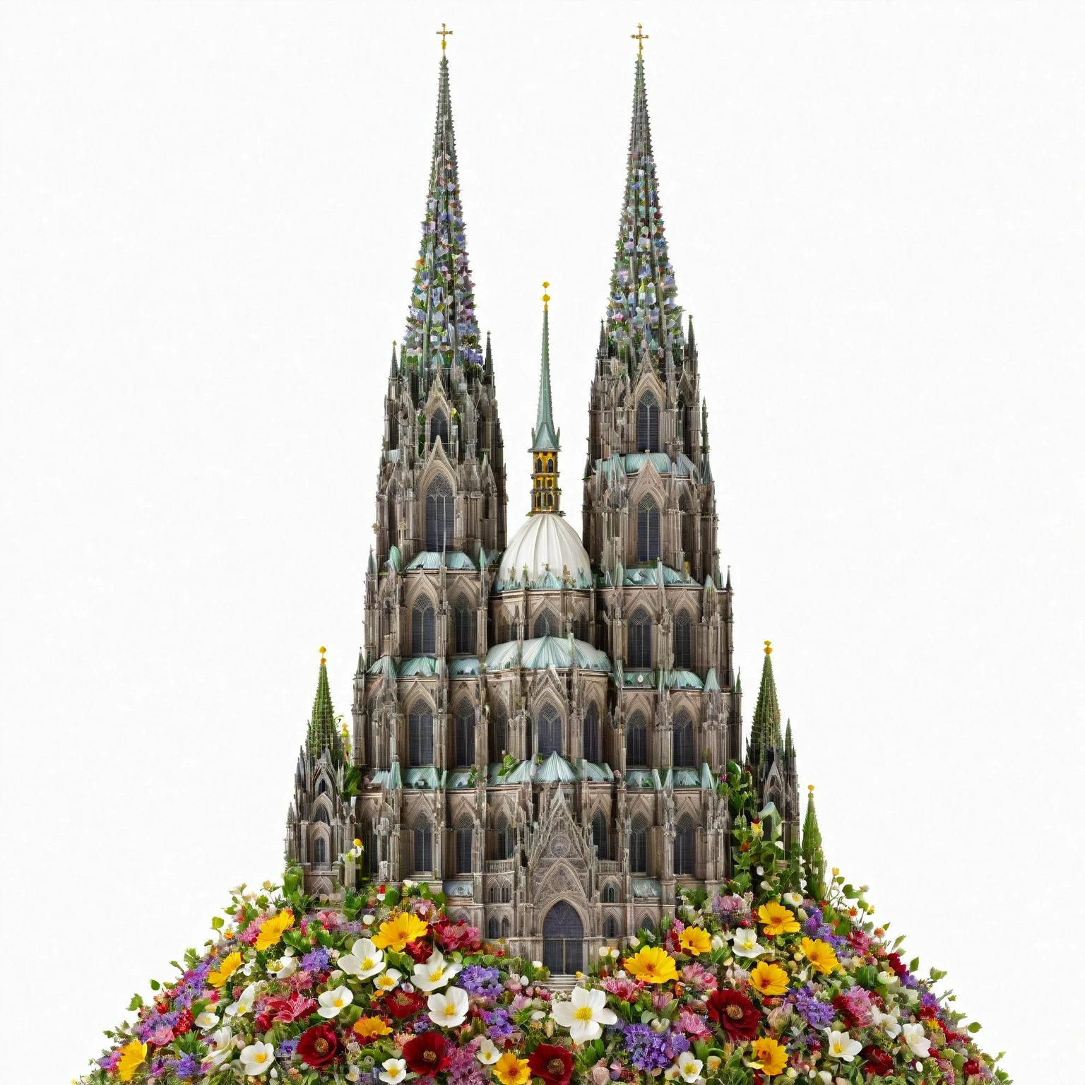 Masterpiece, best quality, very detailed, Fall Leaf Crafts, Cologne Dome made out of flowers, Cologne Cathedral, White background
