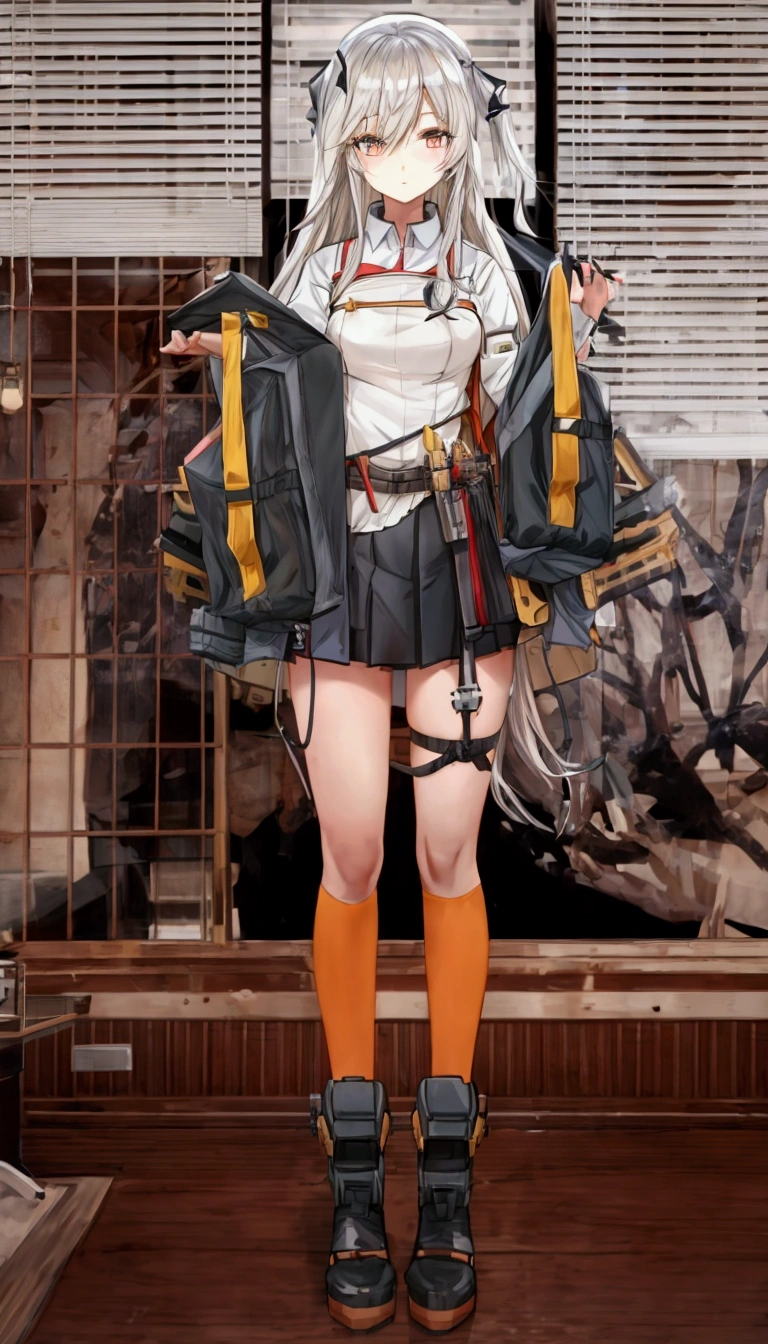 Anime girl in white shirt and black skirt standing in front of a window., front line girls style, from front line girls, fine details. front line girls, Kantai Collection Style, front line girls cg, front line girls universe, anime full body illustration, front line girls, de arknights, m4 sopmod ii front line girls, anime style, beautiful anime high school girl