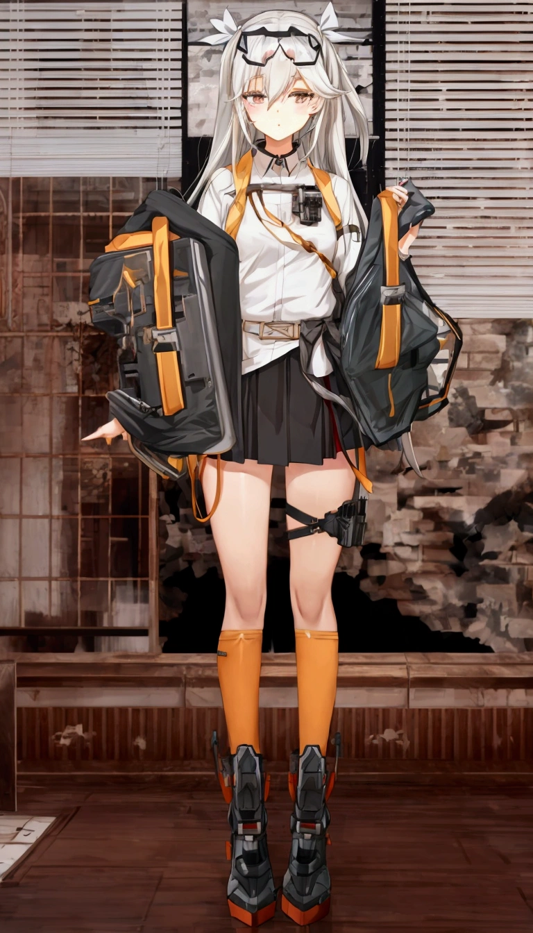 Anime girl in white shirt and black skirt standing in front of a window., front line girls style, from front line girls, fine details. front line girls, Kantai Collection Style, front line girls cg, front line girls universe, anime full body illustration, front line girls, de arknights, m4 sopmod ii front line girls, anime style, beautiful anime high school girl