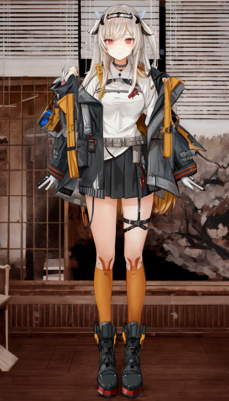 Anime girl in white shirt and black skirt standing in front of a window., front line girls style, from front line girls, fine details. front line girls, Kantai Collection Style, front line girls cg, front line girls universe, anime full body illustration, front line girls, de arknights, m4 sopmod ii front line girls, anime style, beautiful anime high school girl