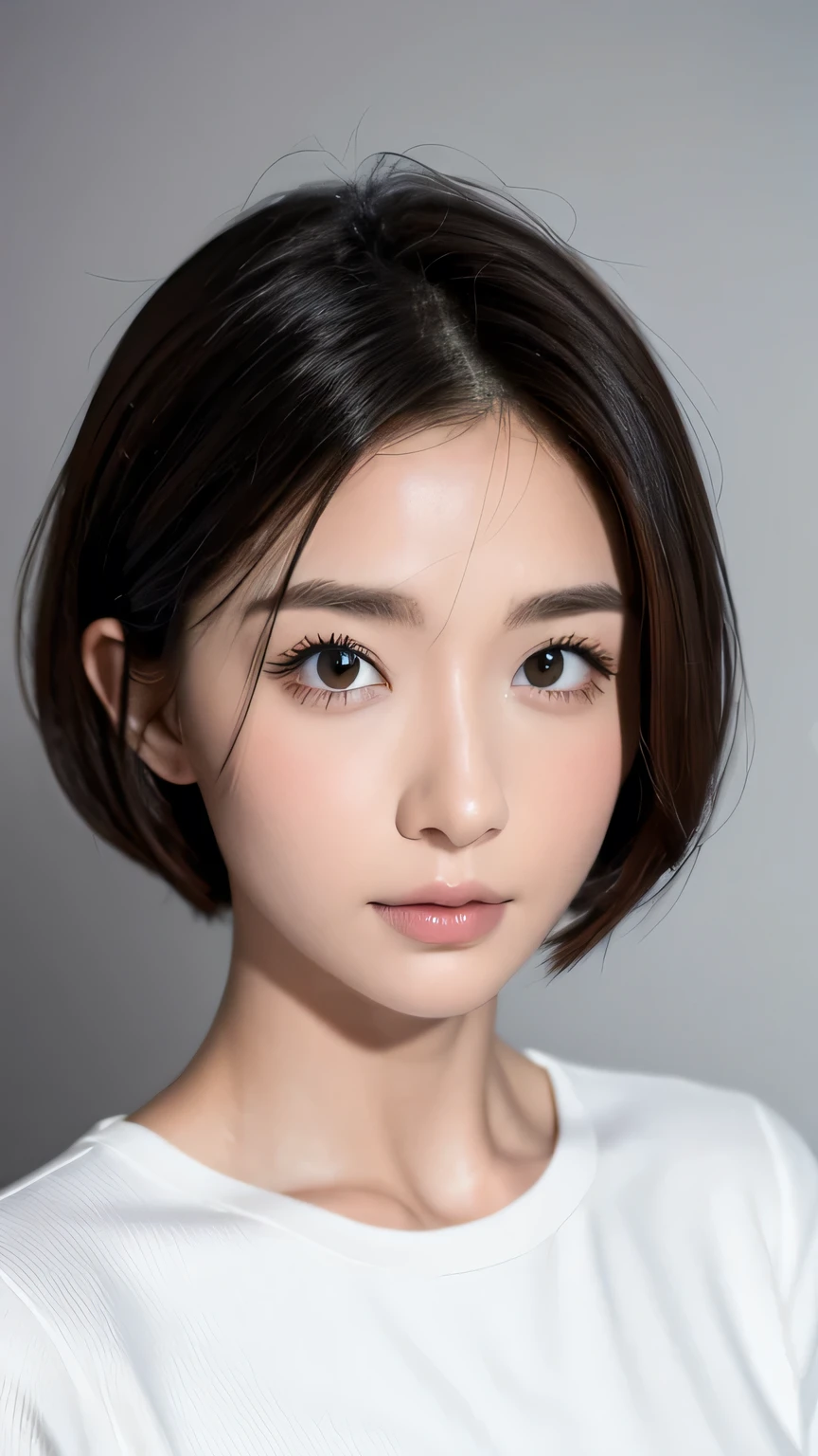 tight white top:1.2, Looking at the audience, Light, perfection, Soft Light, High Resolution Skins:1.2, Realistic skin texture, 28-year-old Japanese woman, 、Small face、black eye, short hair, Dark brown hair、Close-up photo with focus on face、、Gray background、Detailed eyes、Symmetrical eyes、Detailed face、