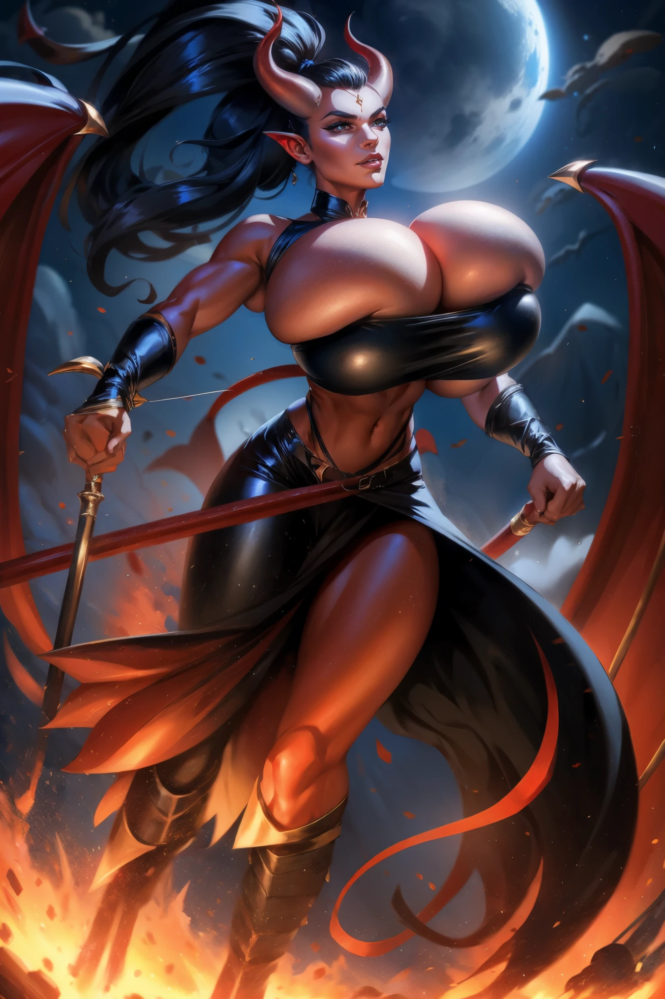 Red skin succubus tiefling, digitigrade legs, full breasts, huge breasts, black horns, wings, huge tail, black leather, crop top, long flowing pelvic curtain, tall, athletic, graceful, thin, long black ponytail. Action scene, whip. Dark scene, explosions, night sky.
