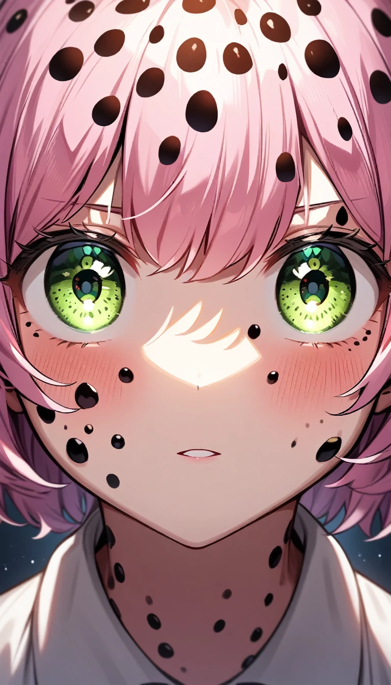 One girl、alone、Highly detailed skin、Ladybug Skin、Ladybug body、Trypophobia Eyes、Pink Hair、short hair、bangs、Green Eyes、Beautiful Eyes、White polo shirt、Sharp focus、Depth of written boundary
