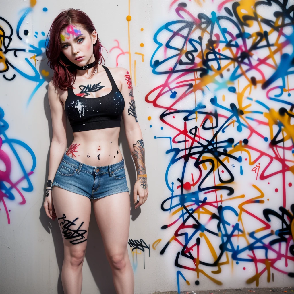 work of art, best qualityer, 1 girl, standing alone, top cut, Shorts jeans, choker, (graffit:1.5), ink spatter, arms behind the back, against the wall, gazing at viewer, clamp, thigh strap, paint on the body, tilt your head, bored, multicolored hair, water eyes, earphone,