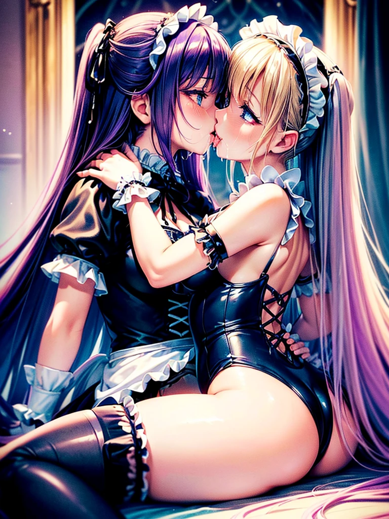 Highest quality,Highest Resolution,(((A beautiful girl with blue eyes and blonde hair in a maid leotard and white angel wings on her back)))and(((A beautiful girl with red eyes, purple hair, and black angel wings on her back in a gothic ta leotard)))They are having sex while kissing in a face-to-face sitting position.,saliva,(((Halation))),smile,Frills,Knee-high stockings,A distant view,(((kiss))),(((Dripping saliva))),