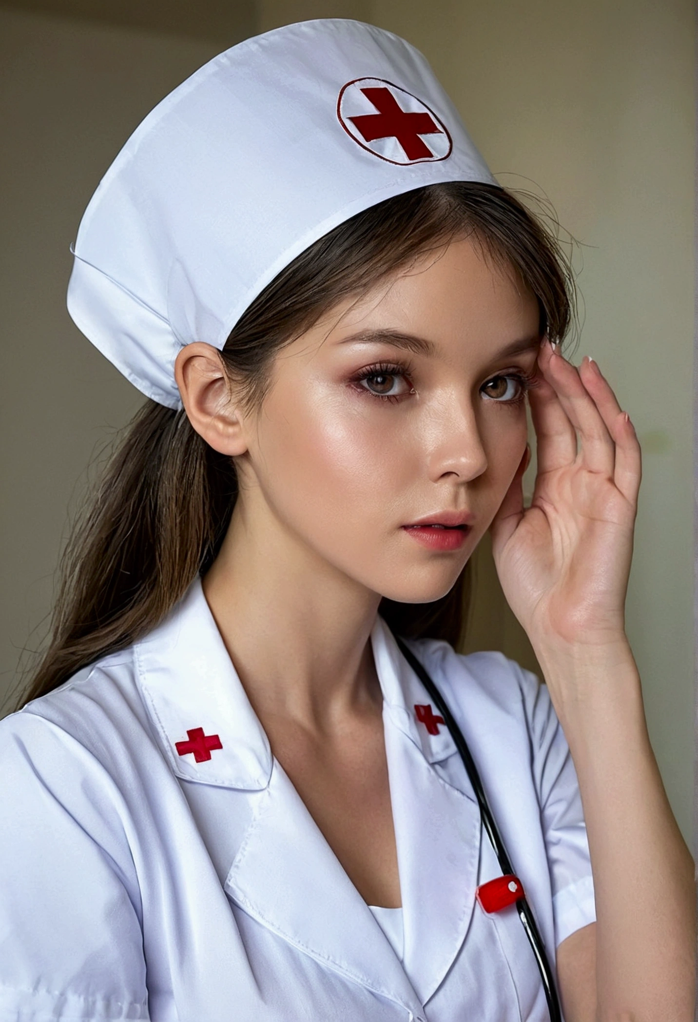score_9, score_8_up, score_7_up, score_6_up, score_5_up, score_4_up, (cowboy shot: 1.5), young, very beautiful woman in a white, sexy, tight, nurse uniform, in front of a dark, old, detailed brick dungeon background:1.4, flashy makeup, , dominatrix style, highly detailed facial features, detailed thick lips, seductive facial expression, detailed skin reflecting light, ideal figure, detailed navel, nurse cap, dynamic and seductive pose, holding a huge syringe, seductive facial expression, realistic, 8K, ultra-detailed, cinematic lighting, dramatic shadows, cold tones, portrait photo, woman
