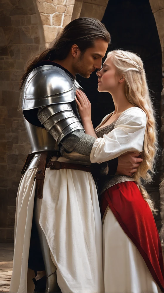 A knight in silver armor is embracing a blonde-haired woman wearing a white dress with a red cloak. The knight gently rests his head against hers, while she keeps her eyes closed in a gesture of trust and reliance. The image conveys a sense of protection and safety in a fantasy or medieval setting, emphasizing the knight's role in keeping her safe rather than a romantic connection.