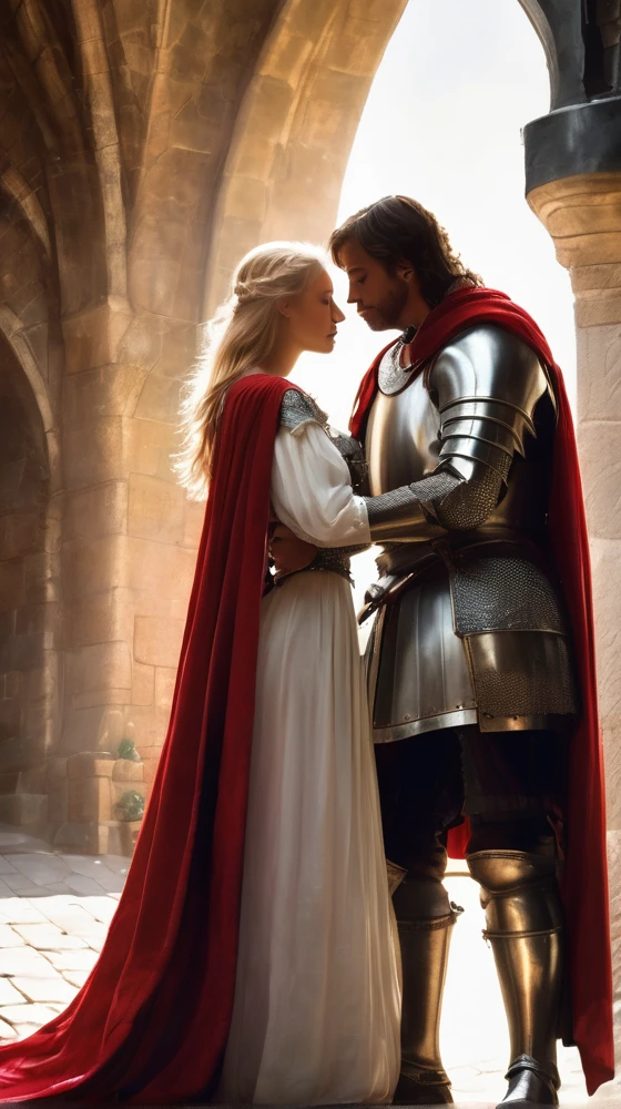 A knight in silver armor is embracing a blonde-haired woman wearing a white dress with a red cloak. The knight gently rests his head against hers, while she keeps her eyes closed in a gesture of trust and reliance. The image conveys a sense of protection and safety in a fantasy or medieval setting, emphasizing the knight's role in keeping her safe rather than a romantic connection.