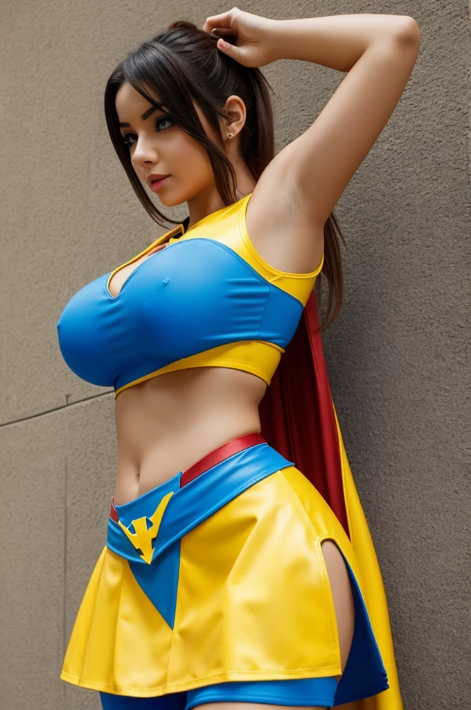 Create girl with big tail breasts and very beautiful super hero two legs hair donbras miniskirt color yellow blue and red