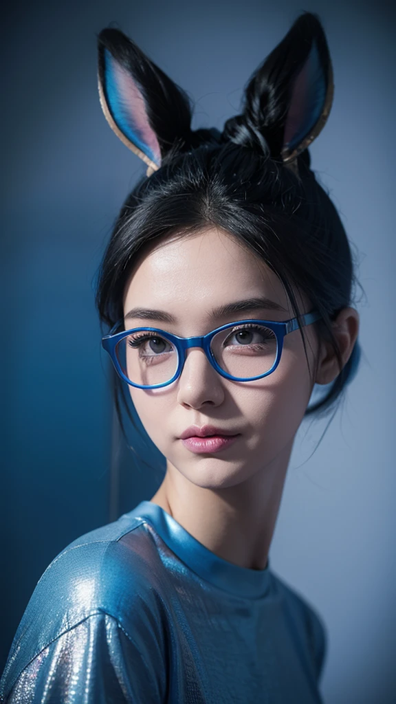 There is a woman with blue hair and glasses posing for a photo, Ultra realistic spotting, cartoon look, digital art. @mariomaniacdude, Blue holographic face, realistic photo, Instagram filter, with Instagram filters, with blue skin, Judy Hopps from Zootopia, realistic image, Snapchat photo, very very low quality image