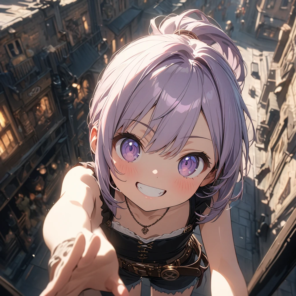 ((Masterpiece)), ((best quality)), (Anime), ((kawaii)), ((extremely detailed)), 4K, (8K), (super detail:1.2), (High Definition:1.3), (Professional Photography:1.2), (wide shot), cinematic lighting, (very aesthetic:1.2), (absurdres:1.2), intricate details, (sharp focus), (perfect light), (()), ((1girl)), from above, pale purple hair, cute teenage girlrin), (loose ponytail), single elbow glove, ragged short shorts, (cute bikini top), bare arms, (thin necklace), steampunk belt, upper body, potrait, (cute pose), (steampunk city)