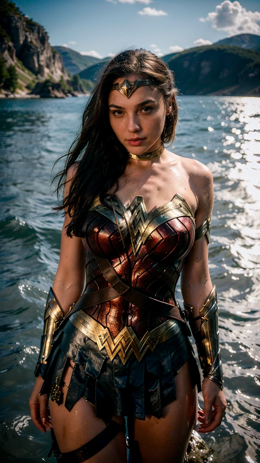 ((masterpiece), (solo character), (photorealistic:1.4), ),(best quality), (epiCRealLife), (g4lg), (g4lg large breasts), (g4lg show cleavages), (Gal Godot in wonder woman costume), (lora:epiCFlashPhoto),(flashphoto), (flash photography) (look at viewers), , (photoshoot), (wonder woman theme), (outdoor), (daytime), (beautiful lake landscape), (Gal Godot body in the lake), (body in water),  (different camera angle shots),