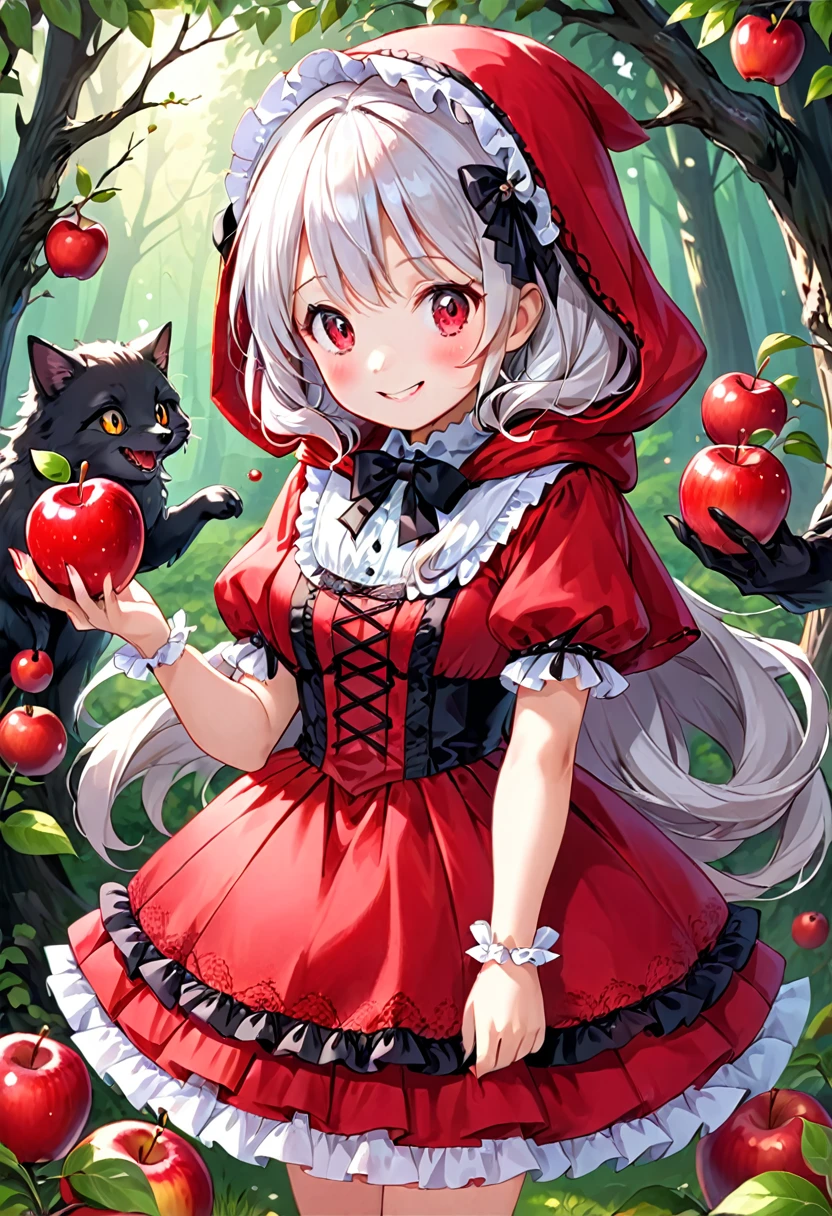 fairy tale Little Red Riding Hood A cute girl wearing a cute red Lolita-style dress Adorable smile Black scary old woman hands an apple to a