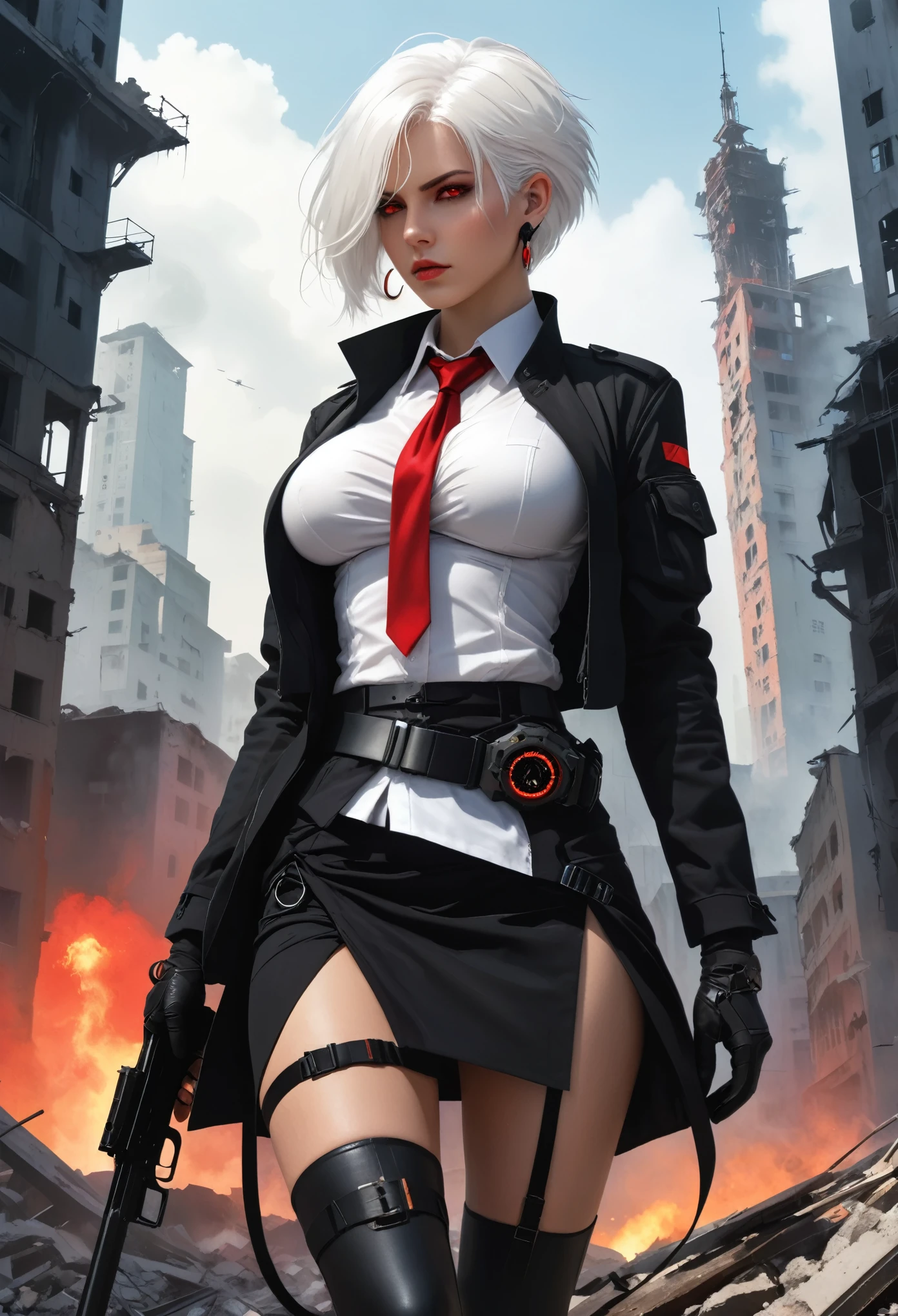 1 Girl, close up, (White hair, Medium Length Hair, Large , Red Eyes), Perfect anatomical structure, City, Cyberpunk style, ((White shirt, Black jacket, Black skirt, Umbilical cord, belt, Black gloves, tie, watch, earrings, Sheer black leggings)), ((Holding a gun)), war, ruined City, battlefield, rubble, architecture,cigarette