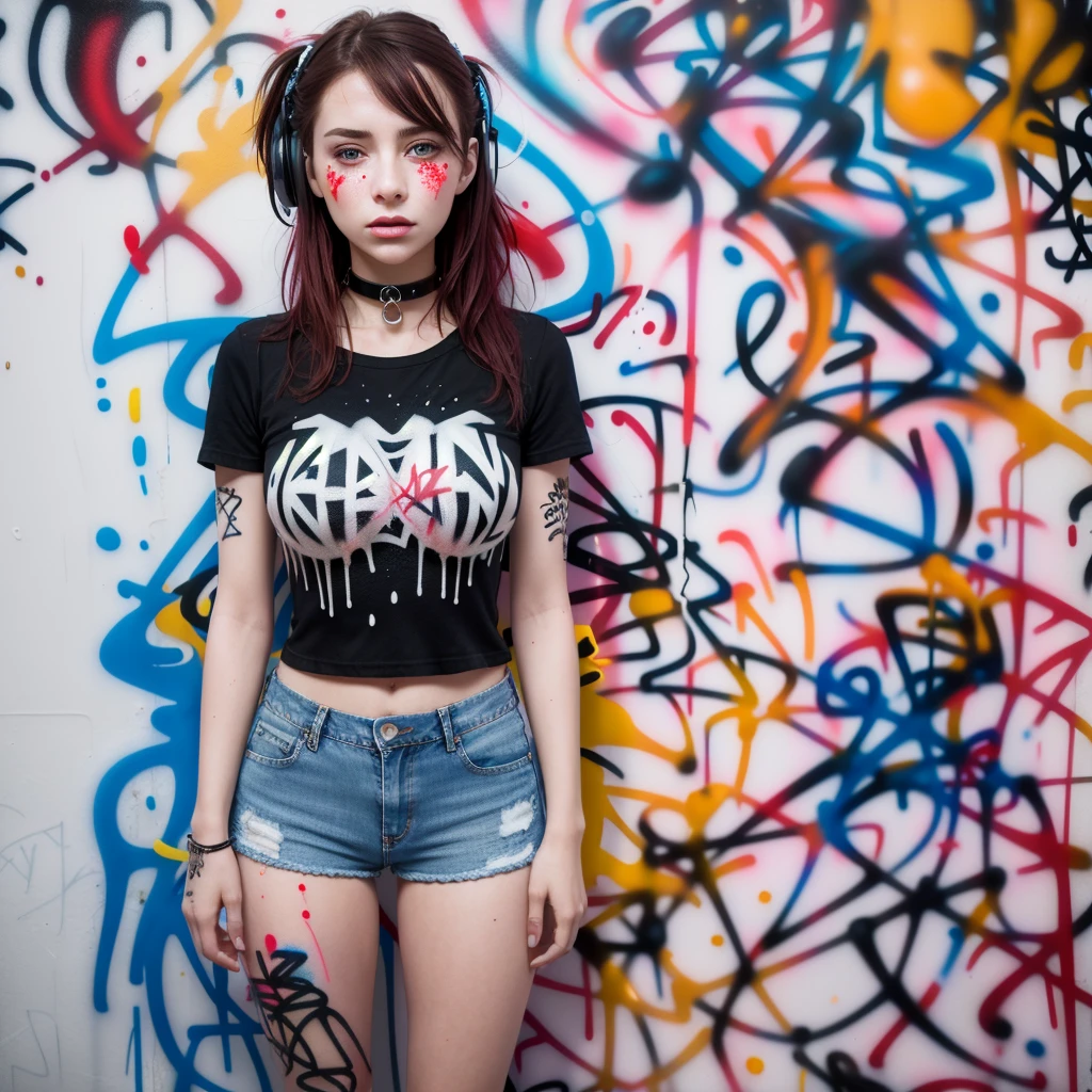 work of art, best qualityer, 1 girl, standing alone, top cut, Shorts jeans, choker, (graffit:1.5), ink spatter, arms behind the back, against the wall, gazing at viewer, clamp, thigh strap, paint on the body, tilt your head, bored, multicolored hair, water eyes, earphone,